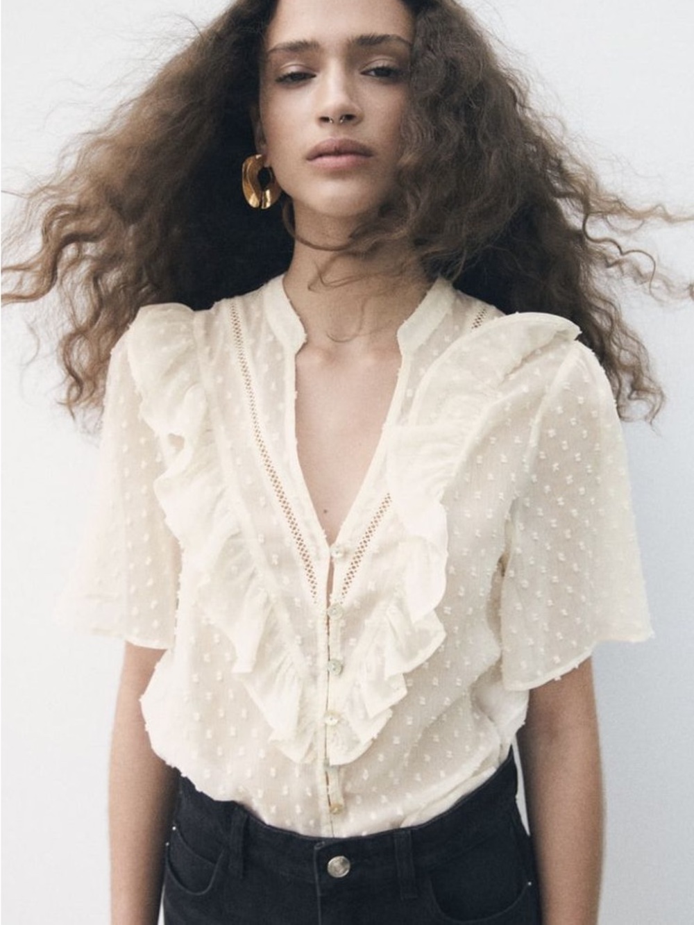 ZARA Ivory Dot Ruffle Button-Front Blouse - Picture 1 of 10